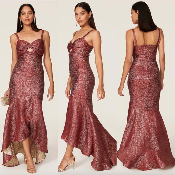 Monique Lhuillier Metallic Cut Out High Low Gown In Maroon Gold Size 10 - Picture 1 of 16
